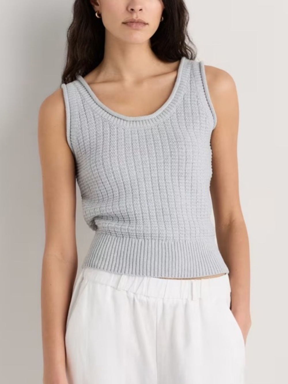 Quince 100% Organic Cotton Waffle Cropped Sweater Tank Heather Dove Gray Large